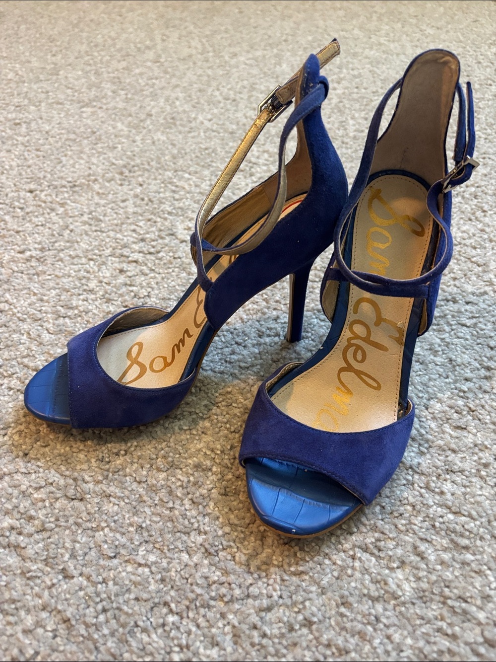Sam Edelman Blue Suede Open-Toe Stiletto Heels with Gold Strap size 6